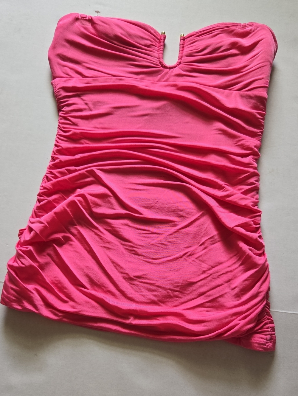 bebe Hot Pink Strapless Ruched Top With Gold Hardware Detail, XS.